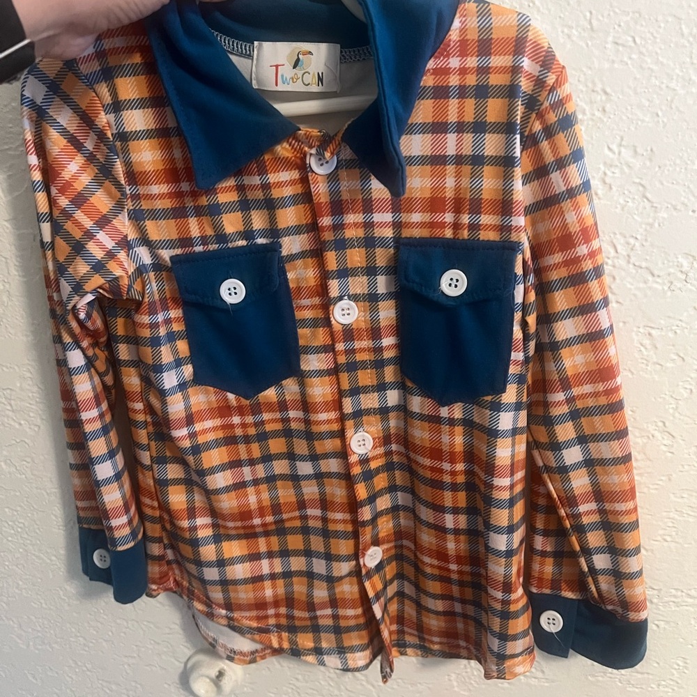 Kids Plaid Button-Down Shirt - Orange and Blue